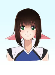  black_hair blue_background bow commentary_request female gradient_background green_eyes hairbow hanebado! hanesaki_ayano looking_at_viewer naxu pink_bow portrait short_hair_with_long_locks sidelocks sleeveless solo sportswear 