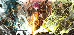  2boys armor armored_boots artist_name barthe_(fire_emblem) boots bors_(fire_emblem) brown_eyes brown_hair chains commentary_request female fire_emblem fire_emblem:_the_binding_blade fire_emblem_cipher gloves green_hair gwendolyn_(fire_emblem) headband homa_kura multiple_boys official_art open_mouth pink_hair polearm shield spear teeth weapon 