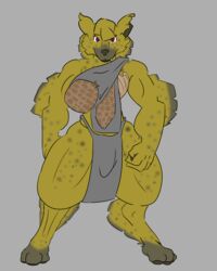  3_toes 4:5 absurd_res anthro clothed clothing feet female hi_res hyena leather mammal purple_eyes scar shoni simple_background solo spotted_hyena tartaurus toes wounded 