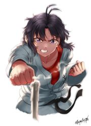  antenna_hair black_hair candle clenched_teeth commentary_request cosplay dougi female idolmaster idolmaster_(classic) karate_gi kikuchi_makoto makoto_(street_fighter) makoto_(street_fighter)_(cosplay) name_connection punching purple_eyes short_hair signature solo street_fighter sweat takahashi_umori teeth 