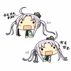  ahoge akitsushima_(kancolle) bad_id bad_twitter_id blush_stickers chibi female hat inactive_account kanikama kantai_collection long_hair lowres military military_uniform mini_hat moyashimon multiple_views o_o open_mouth parody simple_background translated twintails uniform white_background 