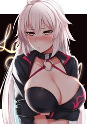  ahoge bikini black_background black_bikini black_gloves black_jacket blush breasts choker cleavage commentary_request fate/grand_order fate_(series) female gloves hair_between_eyes highres jacket jeanne_d&#039;arc_alter_(fate) jeanne_d&#039;arc_alter_(swimsuit_berserker)_(fate) kusahagane large_breasts long_hair looking_at_viewer o-ring parted_lips shrug_(clothing) solo swimsuit upper_body yellow_eyes 