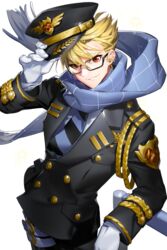  1boy adjusting_clothes adjusting_headwear armrest blonde_hair blue_scarf cross cross_earrings earrings glasses gloves grin hat highres jewelry looking_at_viewer male_focus necktie official_art parted_lips pocket red_eyes scar scarf skorn smile soccer_spirits solo striped striped_necktie transparent_background uniform white_gloves 