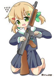  blonde_hair feet_only female green_eyes gun highres long_sleeves neckerchief no_socks original pila-pela sailor submachine_gun sweatdrop thompson_submachine_gun weapon 