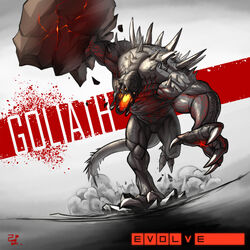  1:1 2k_games boulder english_text evolve_(copyright) glowing goliath_(evolve) hi_res monster muscular ranger_squirrel rock running simple_background solo spikes teeth text 