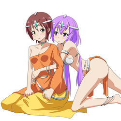  2girls :d alternate_costume alternate_skin_color anklet armlet arms_around_waist bare_shoulders barefoot behind_another bell blush breasts brown_hair cato_(monocatienus) choker cleavage collarbone commentary_request cosplay dancer dancer&#039;s_costume_(dq) dragon_quest dragon_quest_iv dress groin hair_bell hair_ornament headgear heart indian_clothes jewelry kneeling long_skirt looking_at_another low_twintails manya_(dq4) manya_(dq4)_(cosplay) medium_breasts minea_(dq4) minea_(dq4)_(cosplay) miniskirt multiple_girls open_mouth orange_shirt orange_skirt parted_lips pelvic_curtain purple_eyes purple_hair revealing_clothes shirt short_hair siblings simple_background single-shoulder_dress single_sleeve sisters skinny skirt small_breasts smile thighs touhou tsukumo_benben tsukumo_yatsuhashi twintails white_background yellow_eyes yellow_skirt 