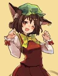  ;d animal_ears blush bow brown_eyes brown_hair cat_ears chen chobi_(sakuyasakuhana) claw_pose claws commentary_request earrings female hands_up hat jewelry long_sleeves looking_at_viewer mob_cap oerba_yun_fang one_eye_closed open_mouth red_bow red_skirt short_hair simple_background single_earring skirt smile solo touhou upper_body vest yellow_background yellow_bow 