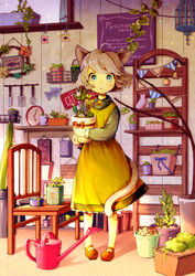  :3 ahoge animal_ears bell birdcage blush cactus cage cat_ears cat_tail chair clock coffee_mug commentary cup curtains dress feline female flag flower full_body garden green_eyes grey_hair holding indoors knife license_plate light light_brown_hair light_particles lolicon looking_at_viewer mary_janes mug original pennant pigeon-toed plant potted_plant ribbon russian_text shadow shelf shoes short_hair sign solo spatula standing string_of_flags tail tati_tachiko translated vines watering_can window wreath yellow_dress 