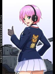  black_gloves blue_jacket commentary emblem female from_behind girls_und_panzer gloves green_eyes headphones jacket leopon_(animal) long_sleeves looking_at_viewer looking_back military military_uniform military_vehicle miniskirt motor_vehicle nijisanji ooarai_military_uniform open_mouth pillarboxed pink_hair pleated_skirt shinmai_(kyata) short_hair skirt smile solo standing tank throat_microphone thumbs_up tiger_(p) translated uniform virtual_youtuber white_skirt yuuhi_riri 