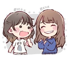  2girls :d ^_^ akb48 black_eyes black_hair blue_shirt blush_stickers brown_hair character_name chibi clenched_hand closed_eyes commentary_request grin hand_up hands_up katou_rena long_hair long_sleeves looking_at_another mole mole_under_mouth multiple_girls oerba_yun_fang ooshima_ryouka open_mouth print_shirt real_life shirt short_sleeves skin_fang smile t-shirt taneda_yuuta upper_body v-shaped_eyebrows white_shirt 