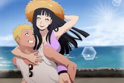  1boy armpits bangs black_hair blonde_hair blue_eyes blunt_bangs breasts carrying cloud dress eyewear_on_shirt female glasses glasses_on_shirt grin happy hat hime_cut horizon hyuuga_hinata large_breasts lavender_eyes lens_flare long_hair looking_at_another looking_at_viewer naruto naruto_(series) no_pupils outdoors piggyback psyclopathe sea shirt short_hair sky sleeveless sleeveless_dress smile sun sun_hat sunglasses uzumaki_naruto whisker_markings 