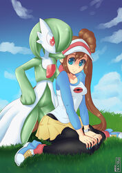  androgynous black_legwear blouse blue_eyes breasts brown_hair closed_mouth creatures_(company) female game_freak gardevoir gen_3_pokemon godichi grass hair_bun highres long_hair long_sleeves mei_(pokemon) nail_polish nintendo outdoors pantyhose pokemon pokemon_(creature) pokemon_(game) pokemon_bw2 red_eyes shoes sitting skirt small_breasts smile sneakers twintails visor_cap wariza watch 