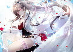  alternate_breast_size alternate_costume anchor_symbol azur_lane belt black_belt blue_sky bow breasts bridal_garter bridal_veil bride choker cleavage cloud collarbone commentary_request day dress earrings falling_petals feathers female floating_hair flower fulunukko gloves hair_between_eyes hairbow head_tilt heart_belt high_ponytail holding holding_flower jacket jean_bart_(azur_lane) jewelry knee_up lace lace_legwear lace_trim lapels light_smile long_hair long_sleeves looking_at_viewer medium_breasts midriff notched_lapels open_clothes open_jacket outdoors petals pink_ribbon ponytail red_eyes red_flower red_rose ribbon ring rose short_shorts shorts sidelocks single_earring single_thighhigh sitting sky sleeve_cuffs smile solo thighhighs thighs veil very_long_hair wedding_dress wedding_ring white_gloves white_jacket white_shorts white_thighhighs wind wind_lift 