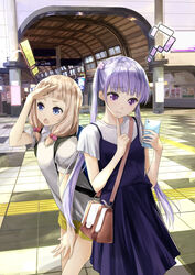  ! 2girls ? backpack bag blonde_hair blue_eyes blunt_bangs blush breasts building casual cellphone chef_no_kimagure_salad chestnut_mouth commentary_request day dress finger_to_own_chin frown hair_bobbles hair_ornament hair_over_shoulder handbag highres holding holding_phone long_hair looking_at_phone looking_away mall multiple_girls new_game! open_mouth phone purple_dress purple_eyes purple_hair sakura_nene shading_eyes shirt short_sleeves short_twintails shorts shoulder_bag small_breasts smartphone suzukaze_aoba tile_floor tiles twintails very_long_hair wavy_mouth white_shirt 