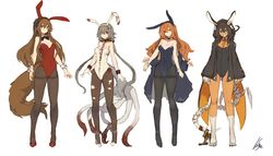  4girls animal_ears bare_arms bare_shoulders between_breasts black_bow black_neckwear blue_eyes blue_leotard bone bow bowtie breasts brown_eyes brown_hair claws coat colho_(lansane) commentary_request covered_navel detached_collar extra_arms fake_animal_ears grey_hair grey_legwear grin hair_between_eyes hairband heterochromia high_heels highres hood hood_up lansane leotard lineup long_hair long_legs long_sleeves looking_at_viewer low_twintails medium_breasts monster_girl multiple_girls necktie off_shoulder orange_hair orange_necktie original pantyhose pigeon-toed playboy_bunny quadriri_(lansane) rabbit_ears red_footwear red_leotard ribbon scar side-tie_leotard signature simple_background smile standing stitches tail tail_ornament tail_ribbon tentacle thighband_pantyhose tsana_(lansane) twintails vararia_(lansane) very_long_hair white_background white_leotard wings wolf_tail wrist_cuffs 