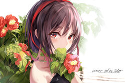  absurdres bare_shoulders blush brown_hair collarbone commentary covered_mouth eien_no_juu_nana-sai female flower hair_between_eyes hat hat_ribbon highres leaf looking_at_viewer red_eyes red_flower red_ribbon ribbon shameimaru_aya short_hair simple_background solo tokin_hat touhou translated upper_body wet white_background 