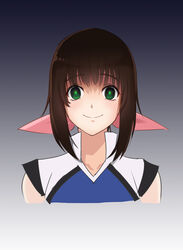  black_hair blue_background bow commentary_request crazy_eyes empty_eyes female gradient_background green_eyes hairbow hanebado! hanesaki_ayano looking_at_viewer naxu pink_bow portrait short_hair_with_long_locks sidelocks sleeveless solo sportswear 