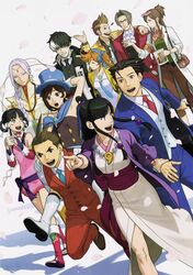  5girls 6+boys apollo_justice ascot athena_cykes beard black_hair blue_necktie bow brown_hair cape carrying cropped_jacket earrings eating ema_skye eyewear_on_head facial_hair feather_in_mouth feathers food formal fuse_takuro glasses gyakuten_saiban hair_between_eyes hair_ribbon half_updo hat highres holding holding_food jacket japanese_clothes jewelry kimono lab_coat larry_butz long_hair magatama maya_fey miles_edgeworth multicolored_hair multiple_boys multiple_girls nahyuta_sahdmadhi naruhodou_ryuuichi necklace necktie official_art open_mouth orange_hair paint.net_(medium) petals phoenix_wright:_ace_attorney_-_spirit_of_justice piggyback ponytail rayfa_padma_khura&#039;in ribbon scarf short_hair side_ponytail simon_blackquill sleeves_rolled_up smile suit sunglasses top_hat trucy_wright two-tone_hair vest waist_bow watch white_hair wristwatch yellow_jacket 