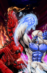  ape battle black_horns blizzard_(primal_rage) blue_skin claws colored_skin commentary_request diablo_(primal_rage) dinosaur duel horns matt_frank monster no_humans open_mouth photoshop_(medium) primal_rage red_eyes red_scales scales sharp_teeth spikes tail teeth tyrannosaurus_rex 