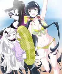  3girls :d abyssal_ship arm_up armpits barefoot bikini black_hair black_ribbon blush breasts chemise cleavage colored_skin commentary_request dress elbow_gloves gloves green_eyes green_innertube groin hair_ornament hair_ribbon hair_tubes highres horns innertube kantai_collection long_hair looking_at_viewer mamiyama medium_breasts mizuho_(kancolle) multiple_girls navel northern_ocean_princess open_mouth pale_skin purple_eyes red_eyes red_ribbon ribbon seaplane_tender_princess short_dress sideboob sidelocks smile stomach swim_ring swimsuit very_long_hair white_hair white_skin yellow_bikini 