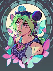  birthmark braid bug butterfly double_bun female green_eyes green_hair green_lips hair_bun joestar_birthmark jojo_no_kimyou_na_bouken jostarjo kujo_jolyne lipstick makeup multicolored_hair purple_hair single_braid solo spider_web_print star_(symbol) stone_ocean two-tone_hair upper_body 