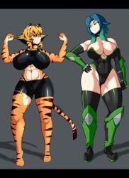  angry anthro big_breasts breasts duo female flexing hi_res huge_breasts human kemono mammal muscular saffron_(safurantora) safurantora 