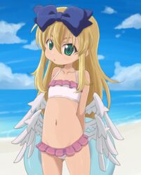  aruma_(shinrabanshou) bikini blonde_hair cloud day eyebrows female full_body looking_at_viewer navel open_mouth shinrabanshou sky solo standing sunson swimsuit wings 