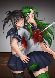  2girls absurdres ayano_aishi black_eyes black_hair blood death guro highres katana long_hair midori_gurin_(yandere_simulator) multiple_girls open_mouth photoshop_(medium) ponytail school_uniform serafuku shaded_face short_hair simple_background skirt smile source_request sword weapon yandere yandere_simulator zakurarain_(rainbowfiedmaya) 