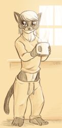  5_fingers 5_toes anthro beverage biped clothing coffee container cup digital_media_(artwork) domestic_cat feet felid feline felis female fingers hair holding_object looking_aside mammal monochrome siamese signature solo standing thewill toes white_hair window 