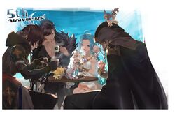  absurdres ahoge anniversary armor azrael_(granblue_fantasy) beelzebub_(granblue_fantasy) belial_(granblue_fantasy) black_hair blue_hair brown_hair closed_eyes commentary_request contrast dress feather_boa fingerless_gloves gabriel_(granblue_fantasy) gauntlets gloves granblue_fantasy halluel_(granblue_fantasy) highres hood hood_down kumonji_aruto long_hair lyria_(granblue_fantasy) malluel_(granblue_fantasy) michael_(granblue_fantasy) mini_person miniboy minigirl multiple_boys multiple_girls multiple_wings open_mouth pectorals raphael_(granblue_fantasy) red_eyes sandalphon_(granblue_fantasy) sariel_(granblue_fantasy) seraph shirt short_hair sleeveless sleeveless_dress smile uriel_(granblue_fantasy) very_long_hair white_dress white_hair wings 