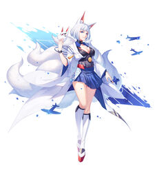  aircraft airplane animal_ear_fluff animal_ears ayan azur_lane blue_eyes blue_skirt blunt_bangs blush breasts chinese_commentary cleavage commentary female fire flight_deck fox_ears fox_mask fox_tail full_body grin highres holding holding_mask japanese_clothes kaga_(azur_lane) kimono kneehighs large_breasts long_hair looking_at_viewer mask multiple_tails pleated_skirt rudder_footwear shikigami short_hair sidelocks simple_background skirt smile socks solo tail white_background white_hair white_kimono white_socks wide_sleeves 