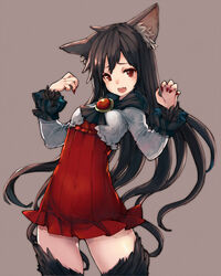  adapted_costume animal_ears blush brooch brown_hair chobi_(sakuyasakuhana) commentary_request cowboy_shot dress female fur grey_background imaizumi_kagerou jewelry long_hair long_sleeves looking_at_viewer microdress nail_polish open_mouth pleated_dress red_dress red_eyes short_dress simple_background smile solo standing touhou very_long_hair wolf_ears 