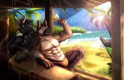  2016 abs anthro beach beverage biceps black_body black_nose black_skin blue_eyes brown_body brown_fur bulge canid canine clothed clothing detailed_background digital_media_(artwork) dragon fd-caro fur hair hi_res horn kemono male mammal muscular muscular_male mythological_creature mythological_scalie mythology open_mouth outside pecs purple_hair reptile sand scalie seaside sky speedo summer swimwear tongue topless water 