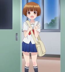  anime_screenshot brown_eyes brown_hair female highres nakai_chitose pleated_skirt school_uniform short_hair skirt solo stitched third-party_edit yuragisou_no_yuuna-san 