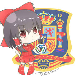  2014_fifa_world_cup :&lt; adidas ball blush bow brazuca brown_hair chibi closed_mouth commentary_request crown emblem female full_body hair_tubes hairbow hakurei_reimu hand_on_own_hip holding jersey medium_hair red_bow red_eyes red_legwear red_ribbon red_skirt ribbon ribbon_trim roll_daikufu shirt signature skirt soccer soccer_ball soccer_uniform solo spain sportswear standing touhou world_cup 