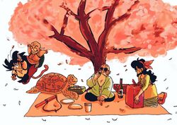  aida_kaiko animal bald basket battle beard bento blanket blue_hair bottle bowl cherry_blossoms chinese_clothes commentary cup dragon_ball dragon_ball_(classic) drinking facial_hair fighting_stance floating food hair_ribbon hairband hanami happy kuririn looking_away lunch_(dragon_ball) lunch_(good)_(dragon_ball) muten_roushi open_mouth petals plate profile red_hairband red_ribbon ribbon ruyi_jingu_bang shadow simple_background sitting smile son_goku sunglasses symbol-only_commentary tree turtle umigame_(dragon_ball) v-shaped_eyebrows white_background 