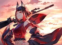  animal_ear_fluff animal_ears animare bare_shoulders black_hair blunt_bangs breasts cloud cloudy_sky commentary_request detached_sleeves female grin gun hand_on_own_hip holding holding_gun holding_weapon inari_kuromu izumi_sai long_sleeves looking_at_viewer medium_breasts nanashi_inc. orange_sky pinky_out red_eyes red_hair rifle sharp_teeth short_hair sky slit_pupils smile sniper_rifle solo teeth upper_body virtual_youtuber weapon 