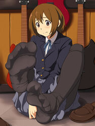  between_legs black_legwear blush brown_eyes brown_hair electric_guitar feet female guitar hair_ornament hairclip hand_between_legs highres hirasawa_yui instrument jacket k-on! long_sleeves maku_(l-u) pantyhose pleated_skirt pov_feet ribbon school_uniform shoes_removed short_hair skirt soles solo wavy_mouth 