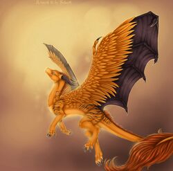  2018 ambiguous_gender blue_eyes brown_hair claws curved_horn dragon feathered_dragon feathered_scalie feathered_wings feathers feral flying fur furred_dragon furred_scalie hair horn mane membrane_(anatomy) membranous_wings mythological_creature mythological_scalie mythology orange_body orange_feathers orange_fur scalie selianth smile solo tail wings 