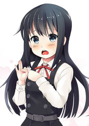  asashio_(kancolle) asashio_kai_ni_(kancolle) belt black_hair blue_eyes blush commentary_request dress female kantai_collection long_hair looking_at_viewer neck_ribbon open_mouth osanai_mujika penetration_gesture photoshop_(medium) pinafore_dress red_ribbon ribbon school_uniform sexually_suggestive simple_background sleeveless sleeveless_dress solo sweatdrop wavy_mouth white_background 