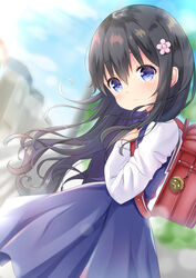  absurdres backpack bag bag_charm black_hair blue_dress blue_eyes blue_sky blurry blurry_background blush charm_(object) closed_mouth cloud commentary day depth_of_field dress dutch_angle female flower hair_between_eyes hair_flower hair_ornament head_tilt higero_(wataten) highres holding_strap inahori long_hair long_sleeves outdoors pink_flower randoseru road school_uniform shirosaki_hana shirt sky sleeveless sleeveless_dress solo street very_long_hair watashi_ni_tenshi_ga_maiorita! white_shirt 