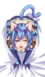  animal_ears bad_id bad_pixiv_id bikini blue_bikini blue_eyes blue_gloves blue_hair braid breasts cat_ears cat_tail cleavage commentary_request elbow_gloves female from_above front-tie_bikini_top front-tie_top gloves heterochromia horns io_(pso2) looking_at_viewer looking_up neon_trim nyanmaru_(ememing) open_mouth phantasy_star phantasy_star_online_2 short_hair side_braid small_breasts solo swimsuit tail white_background yellow_eyes 