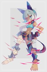  amakusa_(hidorozoa) animal_ears barefoot bell belt black_gloves black_panties blue_eyes cat_ears cat_tail collar crop_top female fingerless_gloves full_body gloves grey_background grey_hair grin hands_on_own_hips highres legs_apart looking_at_viewer ms._fortune_(skullgirls) navel neck_bell one_eye_closed panties scar sharp_teeth sharp_toenails short_hair skullgirls smile solo standing tail teeth toenails underwear 