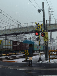  arrow_(symbol) bag black_hair black_skirt black_socks blazer blue_jacket boom_barrier bridge commentary_request day duffel_bag facing_away female grey_sky holding holding_umbrella jacket kneehighs kurumaori looking_away original outdoors overcast overhead_line power_lines railing railroad_crossing railroad_signal railroad_tracks road scenery school_uniform short_hair sidewalk sign skirt sky snow snowing socks solo standing train translation_request umbrella utility_pole wet_pavement wide_shot winter 