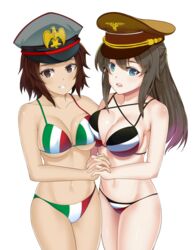  2girls absurdres adolf_hitler artist_request bangs benito_mussolini bikini black_hair blue_eyes breast_pocket breast_press breasts brown_eyes brown_hair cowboy_shot eyes_visible_through_hair flag_print fringe_trim genderswap_(mtf) german_flag_bikini germany gold_trim hand_holding hat highres imperial_german_flag interlocked_fingers italian_flag italian_flag_bikini italy large_breasts long_hair looking_at_viewer military military_hat multiple_girls nazi open_mouth pocket real_life rule_63 short_hair smile source_request standing swimsuit symmetrical_docking transparent_background world_war_ii 