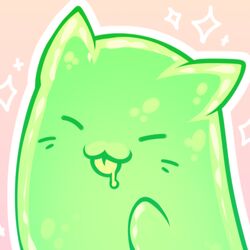  1:1 :3 ambiguous_gender bodily_fluids brown_background closed_eyes domestic_cat drooling felid feline felis glistening green_body hazepages low_res mammal saliva simple_background smile solo tongue tongue_out whiskers 