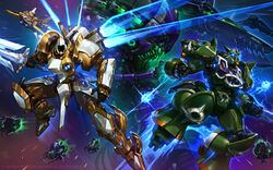  abathur aircraft airplane angel_wings character_request commentary crossover diablo diablo_(series) diablo_3 english_commentary faceless glowing glowing_eyes heroes_of_the_storm highres holding holding_sword holding_weapon jet luke_mancini machinery mecha mechanization monster no_humans photoshop_(medium) rehgar robot science_fiction space starcraft sword tassadar tyrael warcraft weapon wings world_of_warcraft zergling 