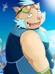  3:4 beach blue_facial_hair blue_hair blue_sideburns blush eyewear facial_hair ganglie_(tas) hair lifewonders male mammal musclegut muscular overweight overweight_male seaside sideburns smile solo suid suina sun sunglasses surfboard sus_(pig) takkusk tokyo_afterschool_summoners vehicle watercraft wetsuit wild_boar 