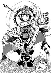  animal_ears animal_print baggy_pants bishamonten&#039;s_pagoda bishamonten&#039;s_spear breasts coin commentary dated female flower greyscale hair_between_eyes heran_hei_mao looking_at_viewer lotus maneki-neko monochrome multicolored_hair oerba_yun_fang pants pile plant_on_head polearm serious shoes short_sleeves spear tiger tiger_ears tiger_print toramaru_shou toramaru_shou_(tiger) touhou translated v-shaped_eyebrows weapon 