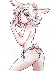  3:4 anthro breasts clothing digital_media_(artwork) featureless_breasts female hair inner_ear_fluff lagomorph leporid long_hair looking_at_viewer mammal monochrome nzuuure panties rabbit simple_background solo standing tuft underwear white_background 